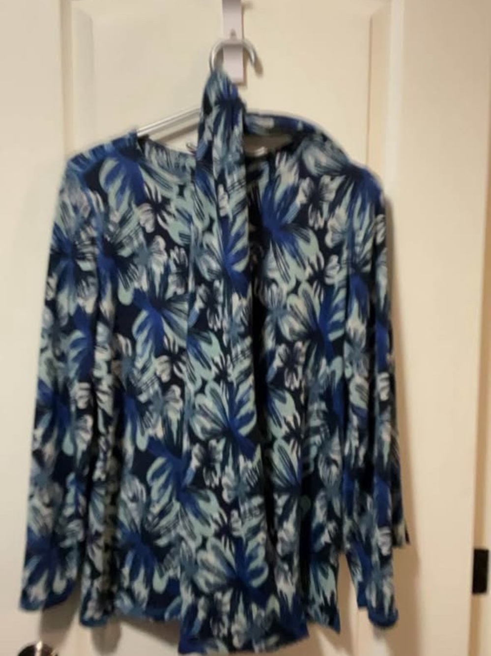 Annabelle Navy and Light Blue Floral Tie-Neck Long Sleeve Top
